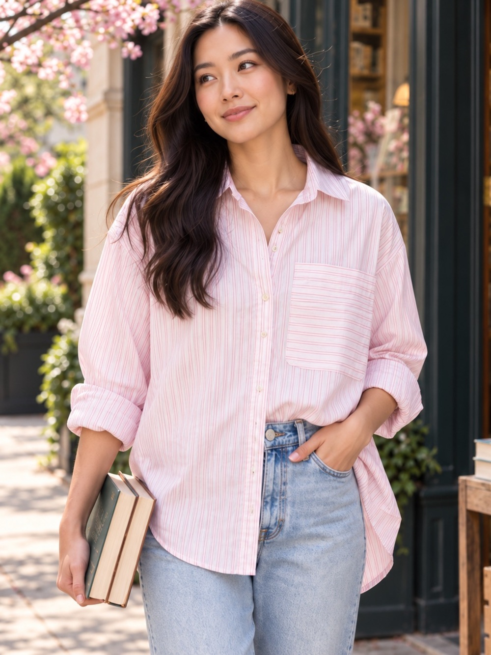 LOFT Light Pink Striped Button-Down Shirt